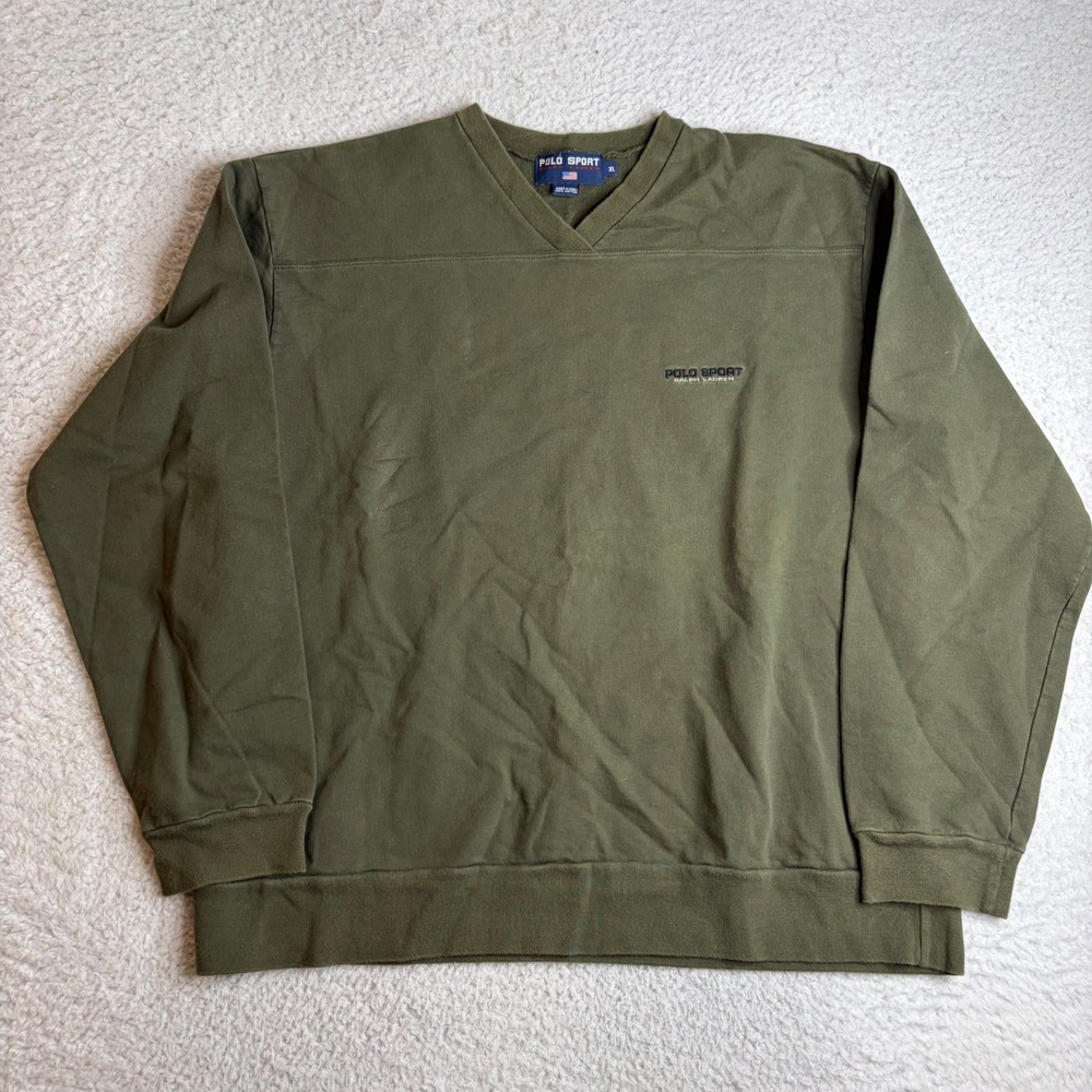 Vintage Polo Sport Ralph Lauren Sweatshirt Mens XL Olive Green V-Neck Cotton